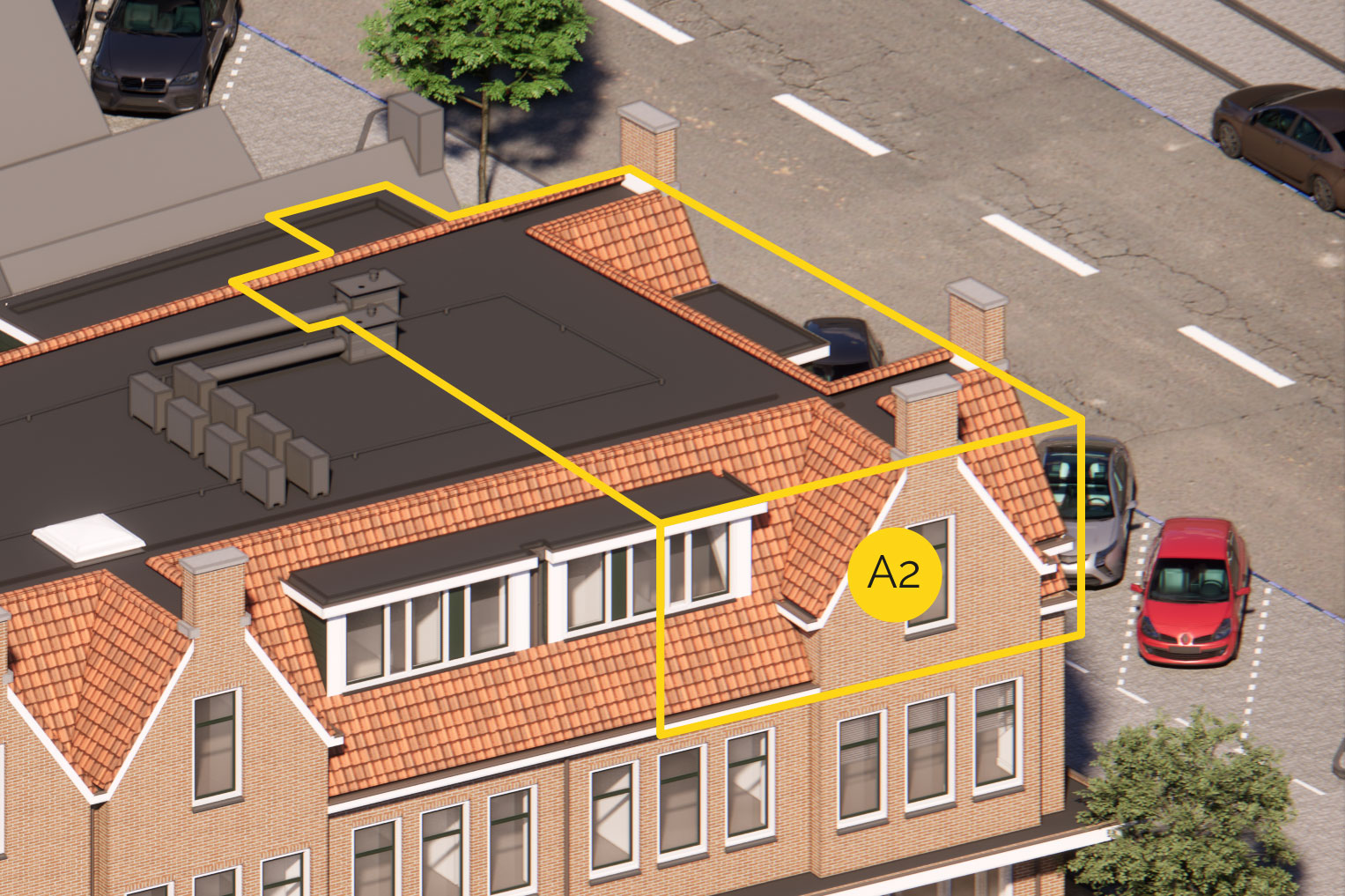 Luchtfoto met de ligging van appartement A2